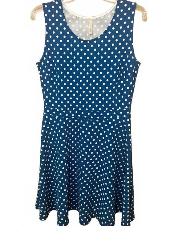 Gilli Dresses & Skirts - Gilli Polka Dot Blue White Fit & Flare Skater Dress Size Large Stretch